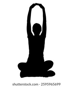 Black silhouette of a young woman practicing yoga, sitting with legs crossed and raising arms. Vector illustration