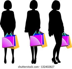 Black silhouette of young woman with shopping bags isolated on white