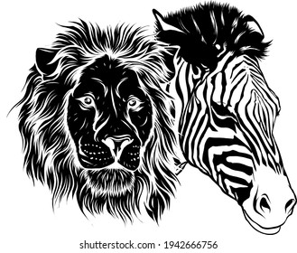 black silhouette of zabra and lion head vector illustration design