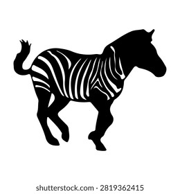 A black silhouette of a zebra in motion, showcasing its distinctive striped pattern and dynamic posture against a plain background.