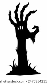 Black silhouette of a zombie hand rising from the ground isolated on a white background. Eerie Zombie hand outline. Concept of horror, Halloween, creepy design. Print, icon, design element