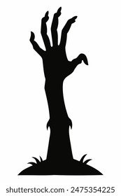 Silueta negra de una mano zombi que se eleva desde el suelo aislado sobre un fondo blanco. Espeluznante contorno de la mano zombi. Concepto de horror, Halloween, diseño espeluznante. Imprimir, icono, elemento de diseño