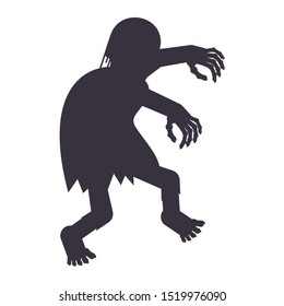 Black silhouette of a zombie. The living dead. Halloween character. Flat vector cartoon person on white background.