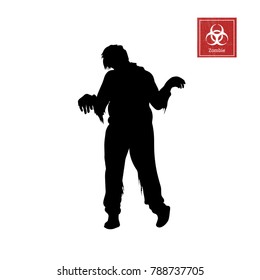 Black silhouette of zombie on white background. Isolated image of undead monster. Vector illustration