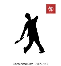 Black silhouette of zombie with pipe wrench on white background. Isolated image of undead monster. Vector illustration