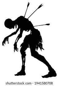 The black silhouette of a zombie skeleton pierced through with three arrows in the back, its spine and ribs with bones shining through. 2d illustration