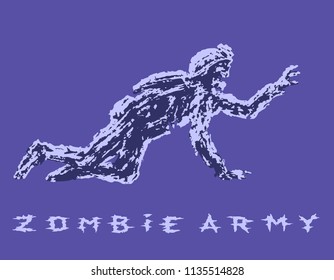 Black silhouette a zombie soldier in helmet is creeps on all fours. Scary monster character profile. Genre of horror. Vector illustration.