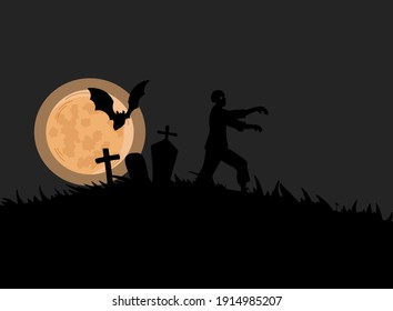 Black silhouette of zombie walking on cemetery vector flat illustration. Creepy nightmare landscape with evil walking dead man, undead monster, and gravestone. Halloween background.