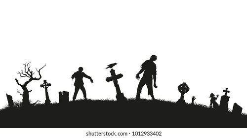 Black silhouette of zombies on cemetery background. Nightmare landscape with dead people. Panorama of undead monster and gravestone. Halloween vector illustration