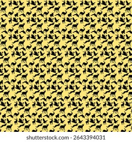 Black silhouetted deer and birds repeat across a pale yellow background, creating a dense pattern with a natural and rustic aesthetic suitable for backgrounds and designs.