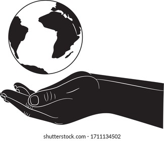 Black silhouetted human hands holding a globe. Earth in the palm of man. . Travel icon. Power over the concept of the world. Earth Day. Vector illustration on a white background.