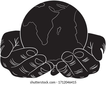 Black silhouetted human hands holding a globe. Earth in the palm of man. . Travel icon. Power over the concept of the world. Earth Day. Vector illustration on a white background.