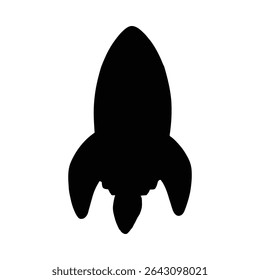 Black silhouetted rocket ship isolated on white background for space travel and exploration concepts