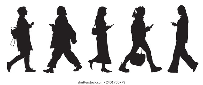 Black silhouettes of 5 walking women with phones isolated on white background. Side view. Vector illustration.