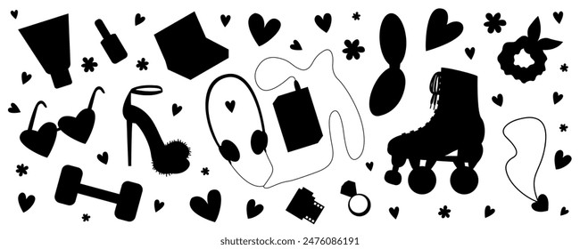 black silhouettes of 90s style elements  vector set
