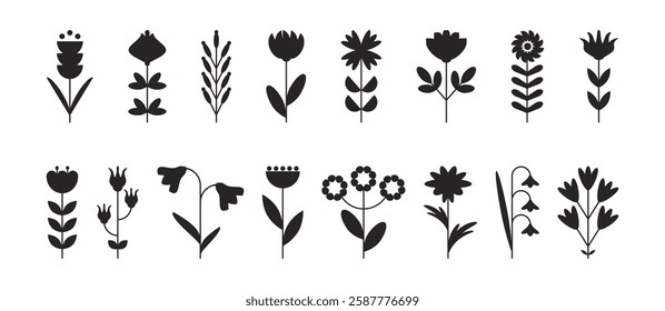 Black Silhouettes of abstract flowers set with leaves from simple geometric shape. Spring and summer botanical icons in flat style. Minimalist floral sketch for poster cover banner print. Nature plant