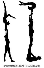 Black silhouettes of acrobats on a white background. Sport, competition, performance, public. Acrobatic trick.