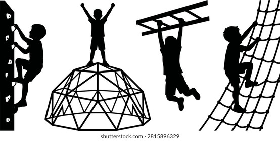 Black silhouettes of active children climbing and playing on various outdoor playground structures against a white background