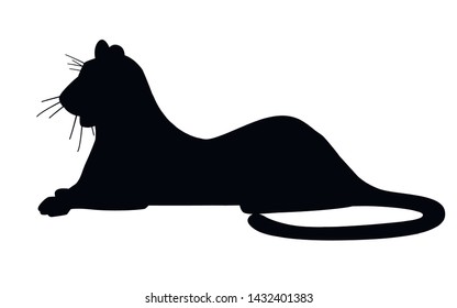 Black silhouettes adult big red tiger lies on ground wildlife and fauna theme cartoon animal design flat vector illustration isolated on white background