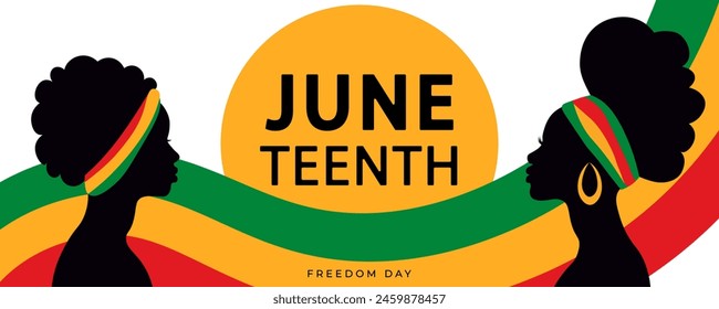 Black silhouettes of African American women in profile on the Juneteenth banner. Black History Month. Celebrating racial equality, freedom and human rights. Vector illustration.