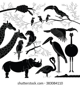 Black silhouettes of african animals and birds. Vector african animals in outline style. Each animals and birds are isolated and separately grouped.