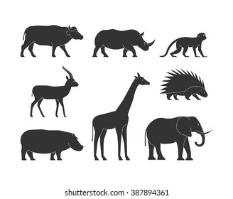 Black silhouettes african animals. Black figure african animals. Icon buffalo, rhino, monkey, gazelle, giraffe, porcupine, hippo and elephant. Vector silhouettes african animals isolated. 