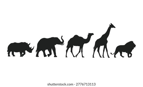 Black silhouettes of african animals including a rhinoceros, elephant, camel, giraffe, and lion against a white background.