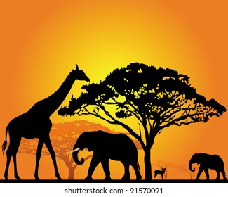 black silhouettes of African animals in the savannah on an orange background