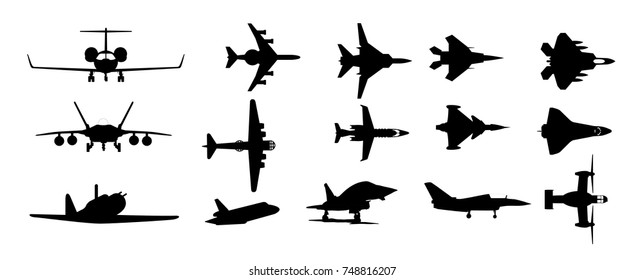 Black silhouettes of aircraft. Airplane icons set. Set of military jet fighter silhouettes