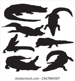 Black silhouettes of alligators and crocodiles on a white background. A vector illustration for wildlife, nature, and education.