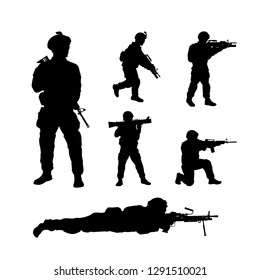 Black Silhouettes Of American Soldiers. USA Army. Military Men Icons With Weapon. Isolated Warrior Image. Vector Illustration