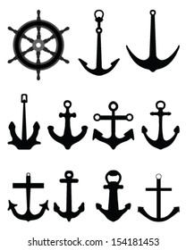 Black silhouettes of anchor and rudder, vector 