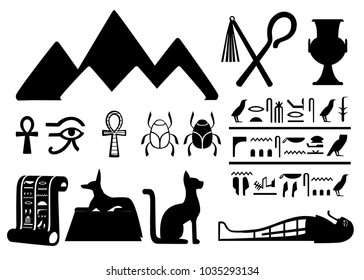 Black silhouettes ancient Egyptian symbols and decoration Egypt flat icons vector illustration isolated on white background web site page and mobile app design
