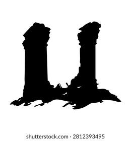 Black silhouettes of ancient ruins featuring tall, weathered columns against a white background, emphasizing historical architecture and decay.
