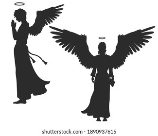 Black silhouettes of angels with large wings on a white background