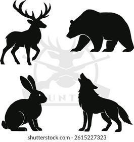 Black silhouettes of animals.Hunting for hare deer bear wolf