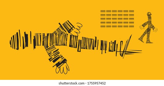 Black silhouettes of the army on a yellow background