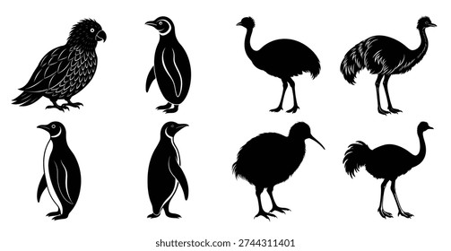 black silhouettes of assorted flightless birds and a parrot