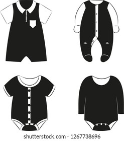 Black silhouettes of  baby clothes collection. Overalls, baby romper, bodysuit for newborns. Vector illustration isolated on white background