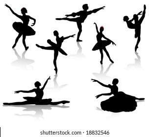 Black silhouettes of ballerinas and dancer in movement on a white background