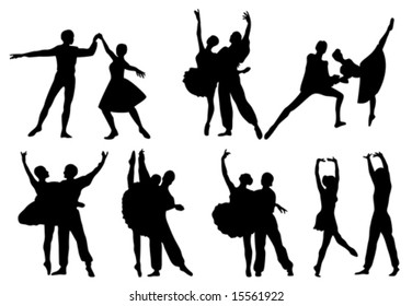 Black silhouettes of ballerinas and dancers in movement on a white background