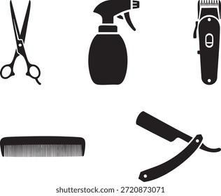 Siluetas negras de herramientas de barbero, incluidas tijeras, botellas de spray y cortadoras
