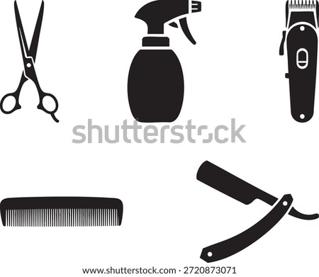 Black silhouettes of barber tools including scissors spray bottle and clippers