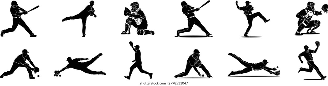Black silhouettes of baseball players demonstrating dynamic athletic motions including batting swinging pitching throwing catching fielding sliding and running across field plate set collection isolated on transparent background design element.