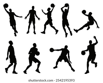 Black silhouettes of basketball players in action poses: dribbling, shooting, passing, and dunking. Suitable for sports designs.