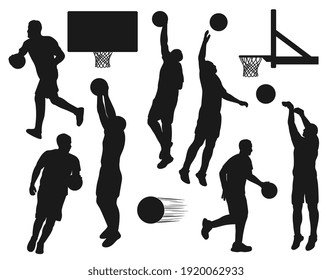 Black silhouettes of basketball sport players throwing balls into nets. Vector sportsmen run and jump during training, sport tournament, playoff game basketball league competition, championship set