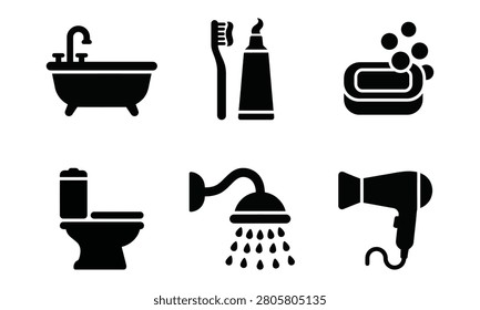 Black silhouettes of bathroom objects isolated on white background