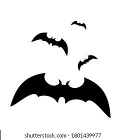 Black silhouettes of bats. Cave black bats group isolated on white vector Halloween background. Silhouettes of flying bats traditional Halloween symbols on white.