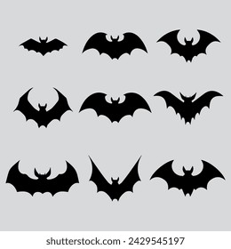 Black silhouettes bats collection isolated on white background.