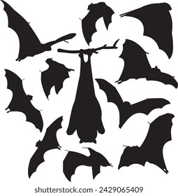 Black silhouettes of bats. black isolated white background